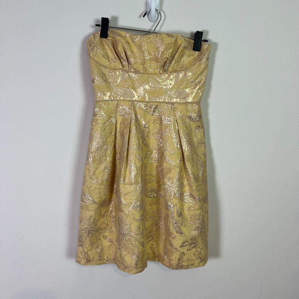 BCBG Maxazria Women’s Gold Floral Strapless Mini Formal Dress Size 4 Cocktail